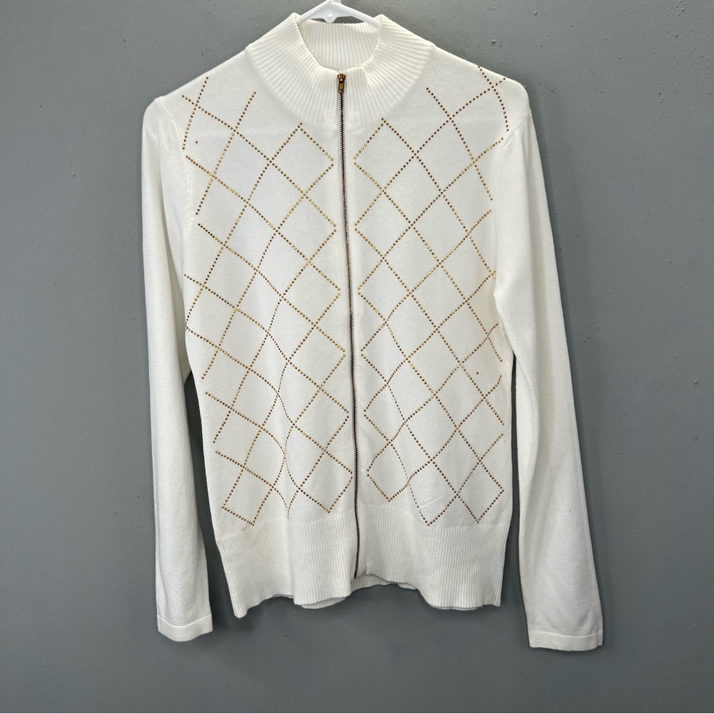 Lola B Cardigan Sweater L White Gold Studded Argyle Zip Front Mock Neck